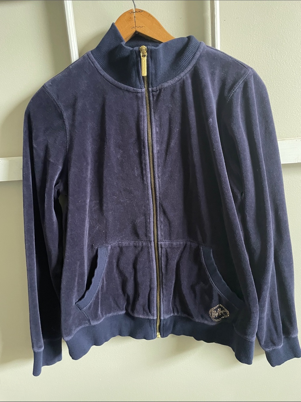 Michael Kors Navy Velour Zip-Up Jacket with Gold Zipper